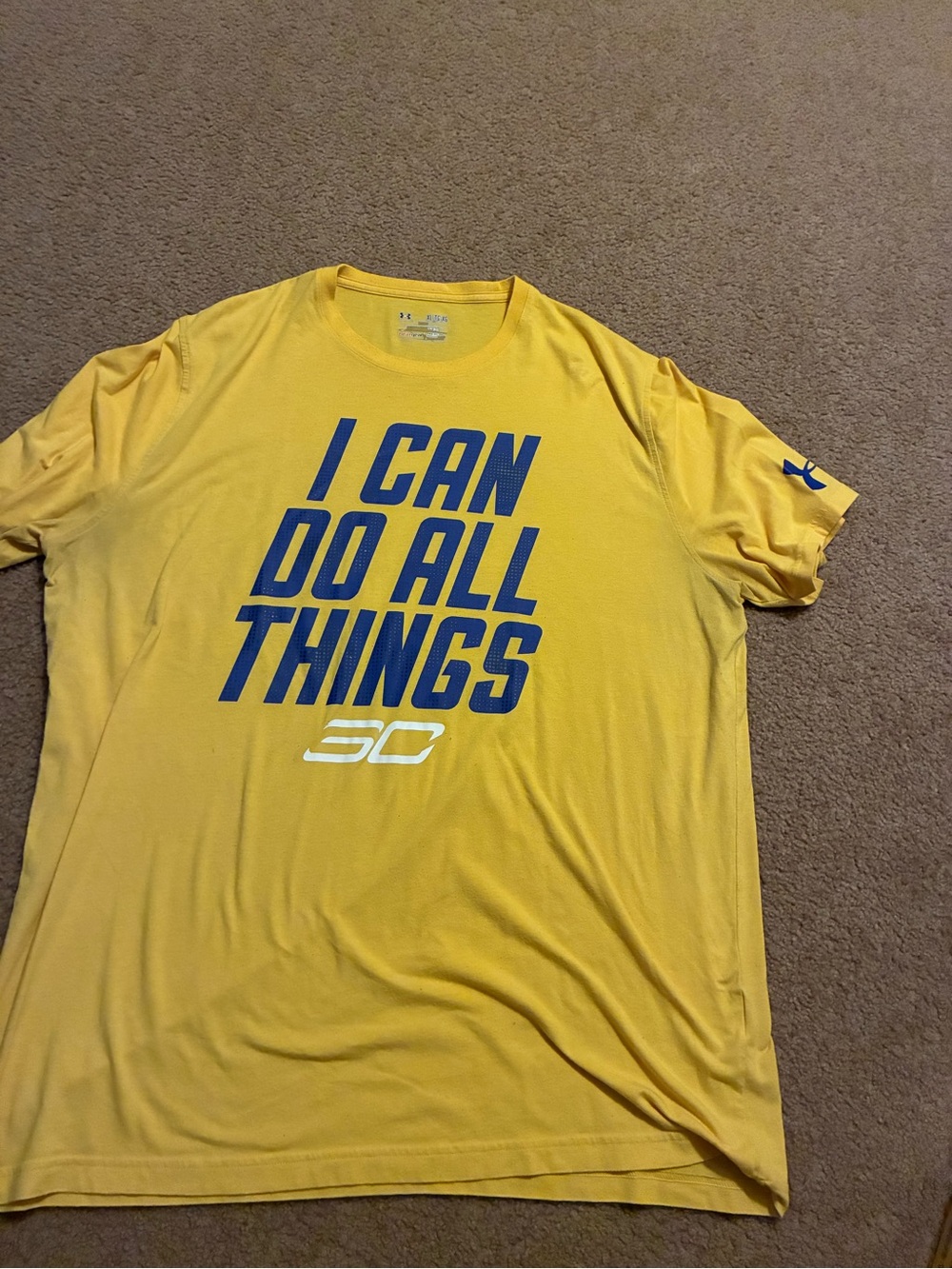 Under Armour Men’s Yellow Performance Tee with Blue Slogan